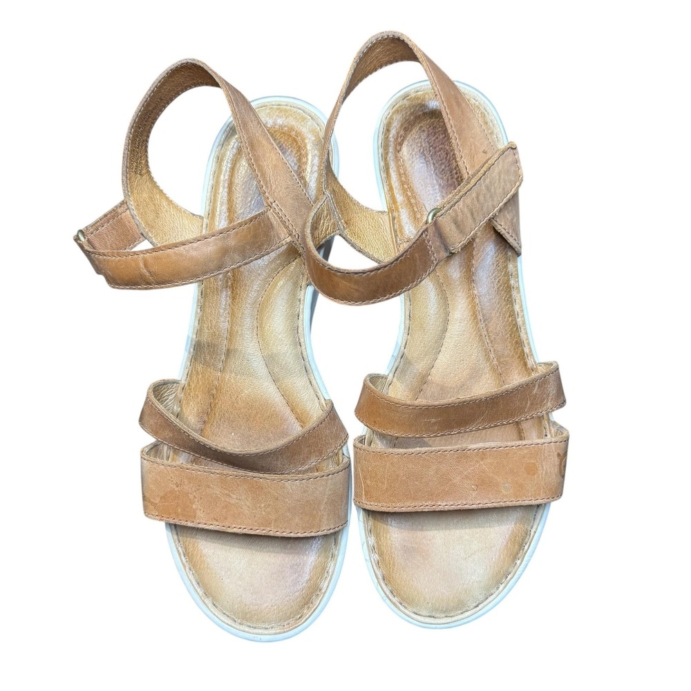 Born Shoes Womens Size 8 Brown Leather‎ Strappy Wedge Sandals Hook Loop Comfort
